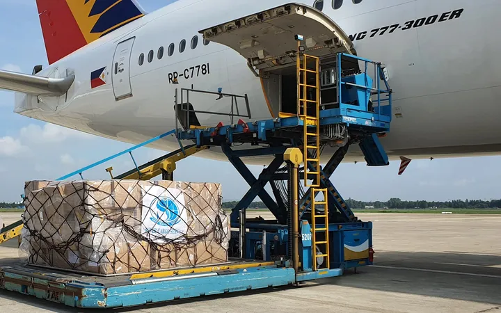 Netted air freight pallets beside an aircraft cargo door and loading platform; illustrative stock photography.