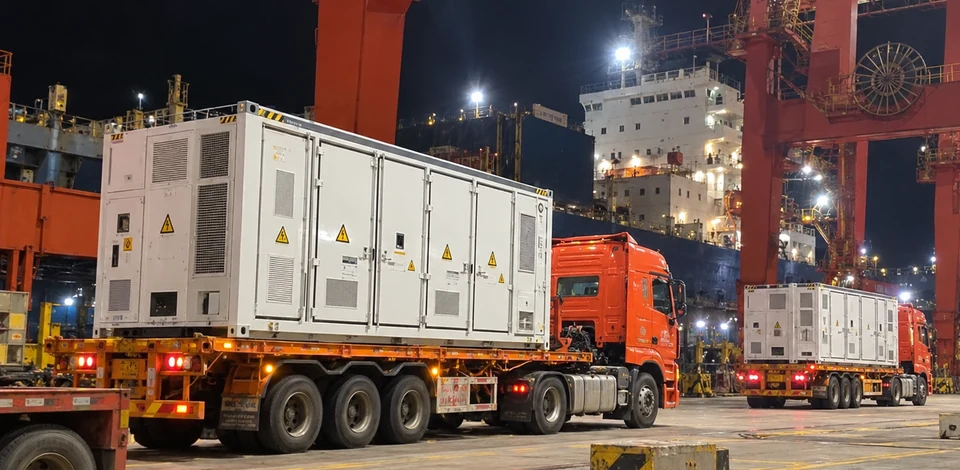 AI-generated illustration of two orange-red trucks carrying white energy storage cabinets beneath a red gantry crane at a port at night.